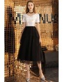 Silver With Black Tulle Aline Tea Length Party Dress With Sleeves