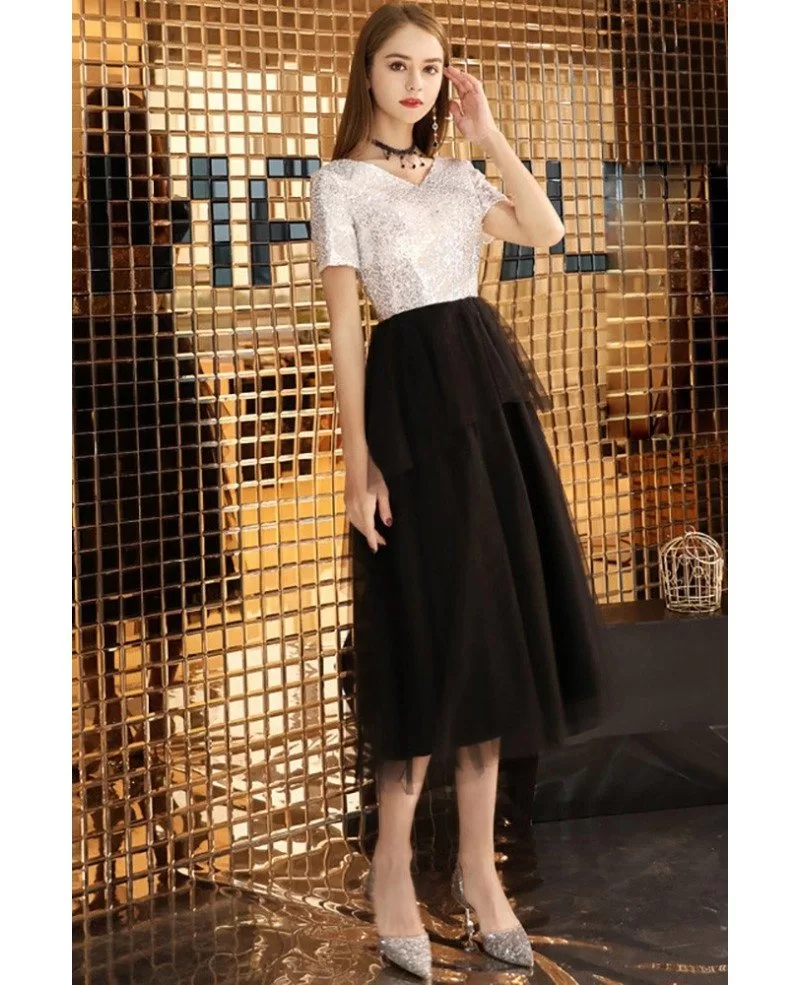 Silver With Black Tulle Aline Tea Length Party Dress With Sleeves # ...