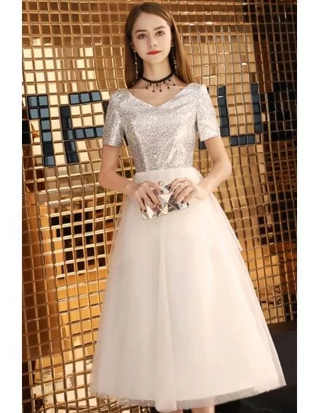 Silver With White Tulle Aline Tea Length Party Dress With Sleeves