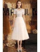 Silver With White Tulle Aline Tea Length Party Dress With Sleeves