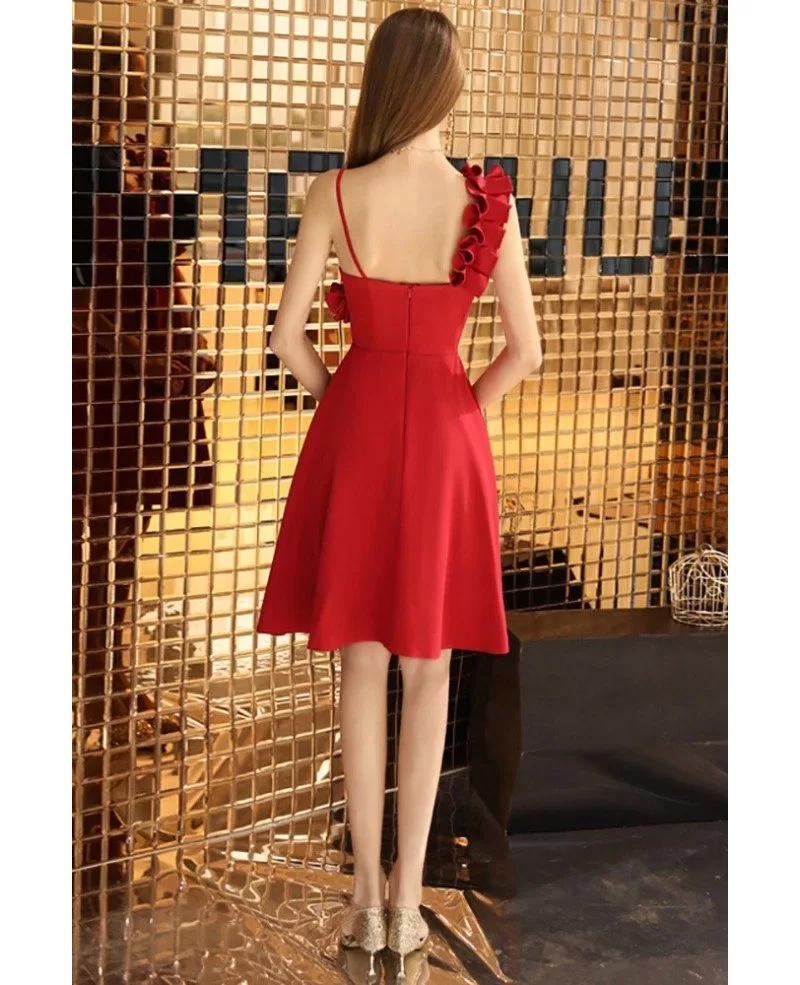 Little Red Chic Short Aline Semi Formal Dress With Asymmetrical Straps  #BLS97047 