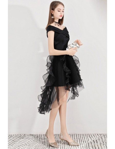 Black Chic Puffy High Low Party Dress Short With Ruffles
