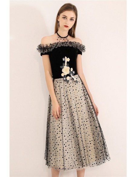 Cute Black Polka Dot Off Shoulder Semi Party Dress