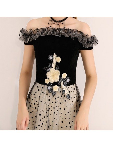 Cute Black Polka Dot Off Shoulder Semi Party Dress