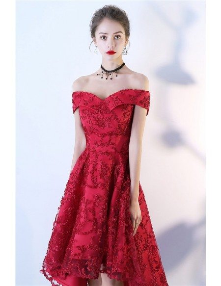 Red Lace High Low Aline Party Dress Off Shoulder