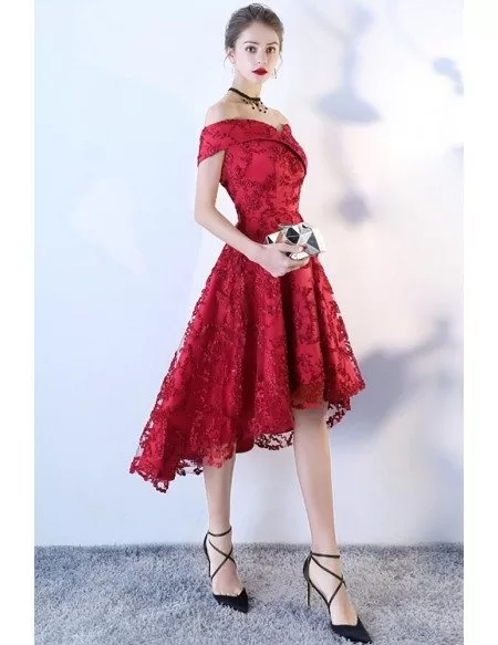 Red Lace High Low Aline Party Dress Off Shoulder