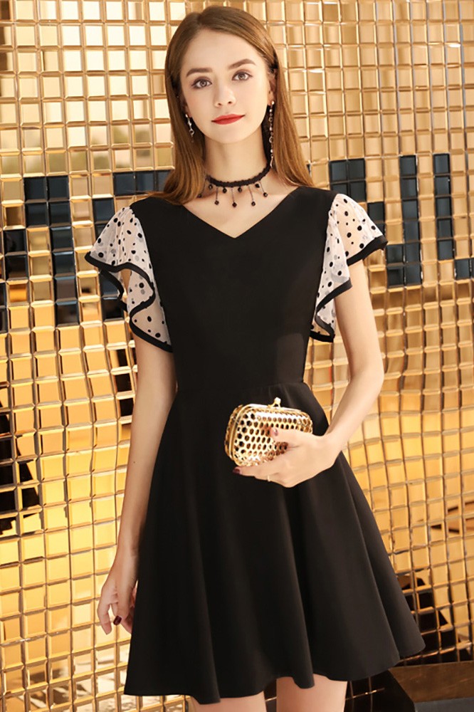 Cute Aline Black Hoco Dress Vneck With Dotted Sleeves #BLS97041 ...