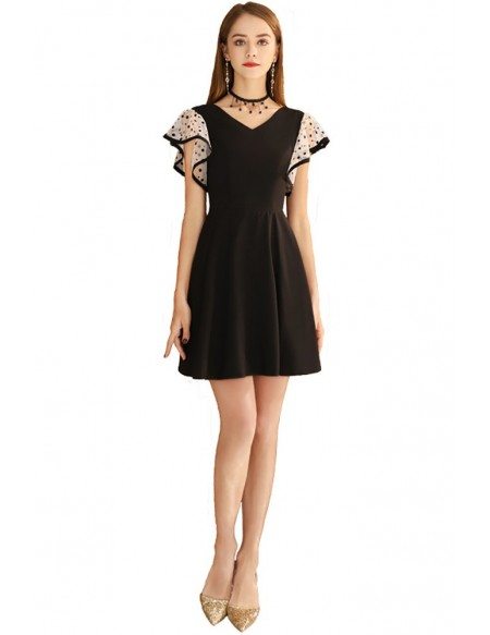 Cute Aline Black Hoco Dress Vneck With Dotted Sleeves