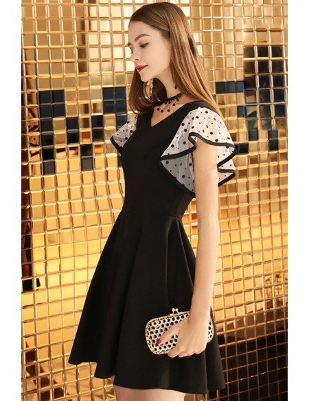 Cute Aline Black Hoco Dress Vneck With Dotted Sleeves