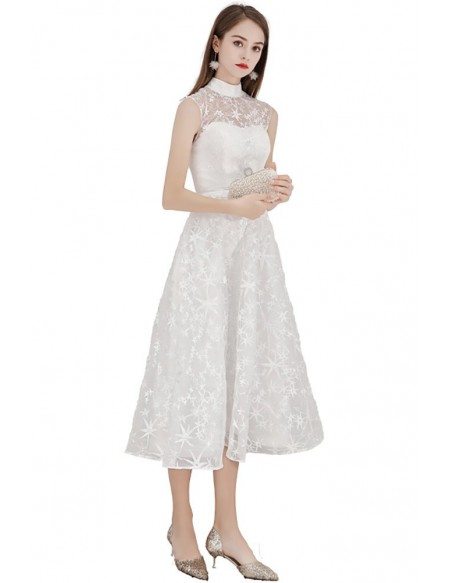 Elegant White Lace Party Dress Tea Length Sleeveless