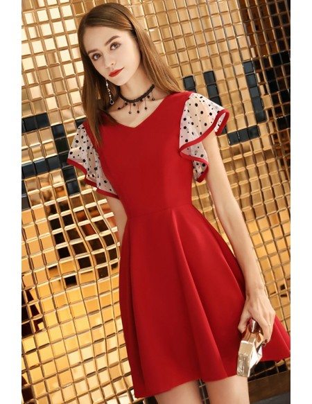 Cute Aline Red Hoco Dress Vneck With Dotted Sleeves