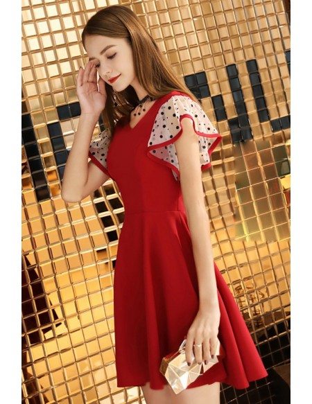 Cute Aline Red Hoco Dress Vneck With Dotted Sleeves