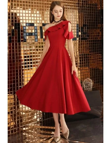 Semi Formal Red Tea Length Party Dress Aline
