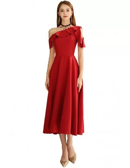 Semi Formal Red Tea Length Party Dress Aline
