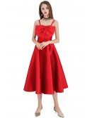 Red Big Bow Tea Length Party Dress With Straps