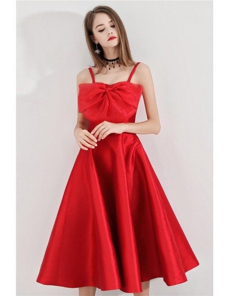 Red Big Bow Tea Length Party Dress With Straps