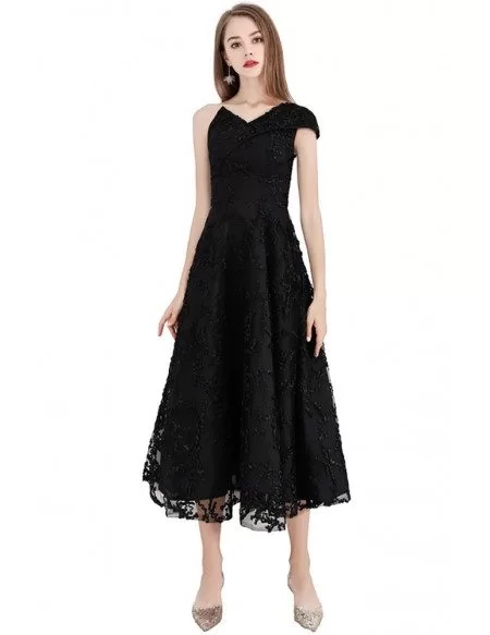Chic Black Lace Aline Party Dress With One Shoulder