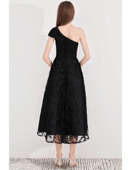 Chic Black Lace Aline Party Dress With One Shoulder
