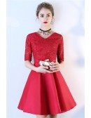 Modest Red Lace Top Party Dress Aline With Short Sleeves