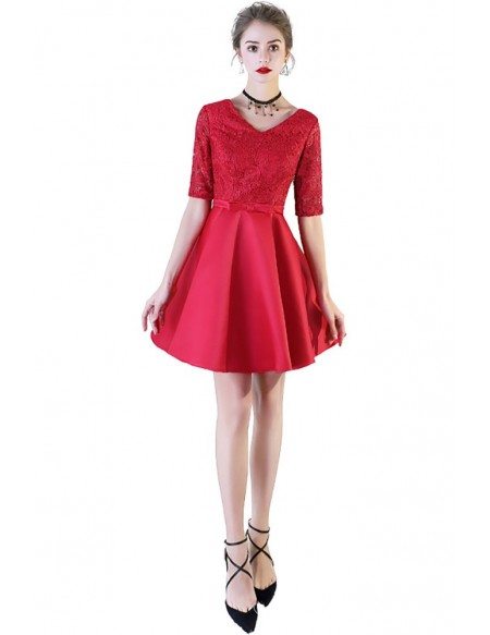 Modest Red Lace Top Party Dress Aline With Short Sleeves