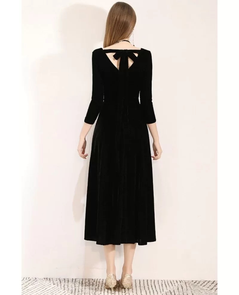 Retro Simple Black Tea Length Dress With 3/4 Sleeves #BLS97051 ...