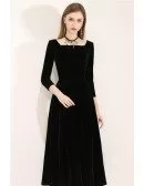 Retro Simple Black Tea Length Dress With 3/4 Sleeves