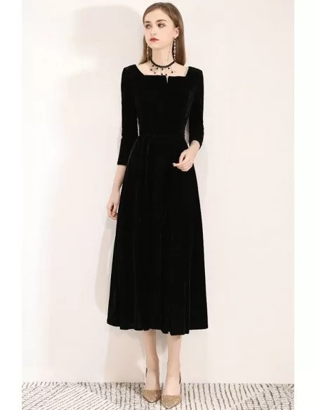 Retro Simple Black Tea Length Dress With 3/4 Sleeves #BLS97051 ...