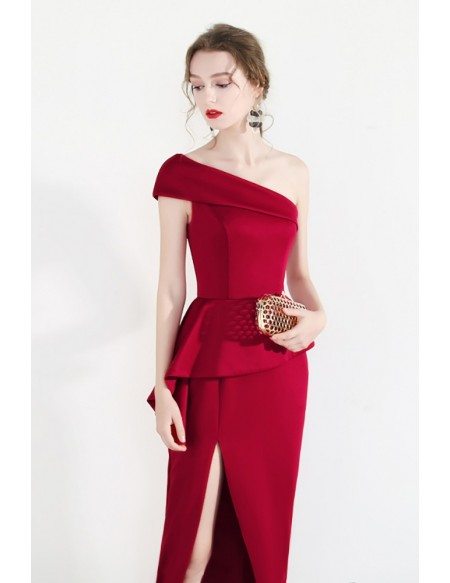 Formal Red One Shoulder Bodycon Party Dress With Side Slit
