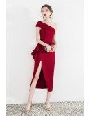 Formal Red One Shoulder Bodycon Party Dress With Side Slit