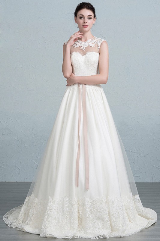 Feminine A-Line Scoop Neck Sweep Train Tulle Wedding Dress With ...