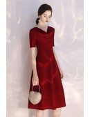 Simple Burgundy Ruched Neckline Slim Party Dress With Short Sleeves