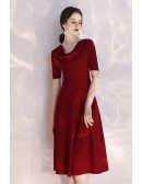 Simple Burgundy Ruched Neckline Slim Party Dress With Short Sleeves