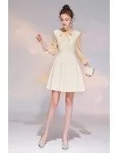 Romantic Bow Knot Champagne Short Party Dress With Sheer Sleeves