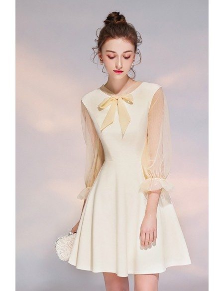 Romantic Bow Knot Champagne Short Party Dress With Sheer Sleeves