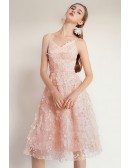 Nude Pink Beaded Lace Knee Length Party Dress With Spaghetti Straps