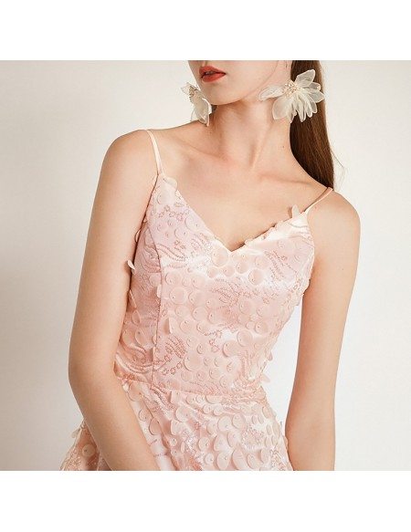Nude Pink Beaded Lace Knee Length Party Dress With Spaghetti Straps