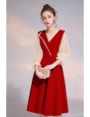 Pleated Vneck Graceful Party Dress With Bubble Sleeves