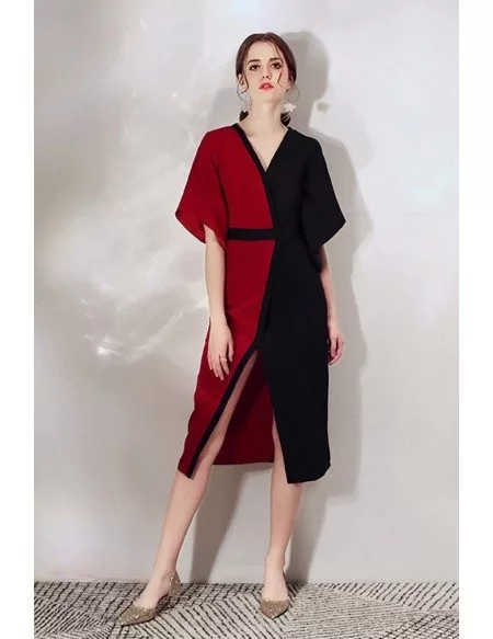 Black And Red Color Blocks Classy Party Dress With Sleeves