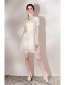 White Lace Sequin Short Dress With Sleeves For Parties