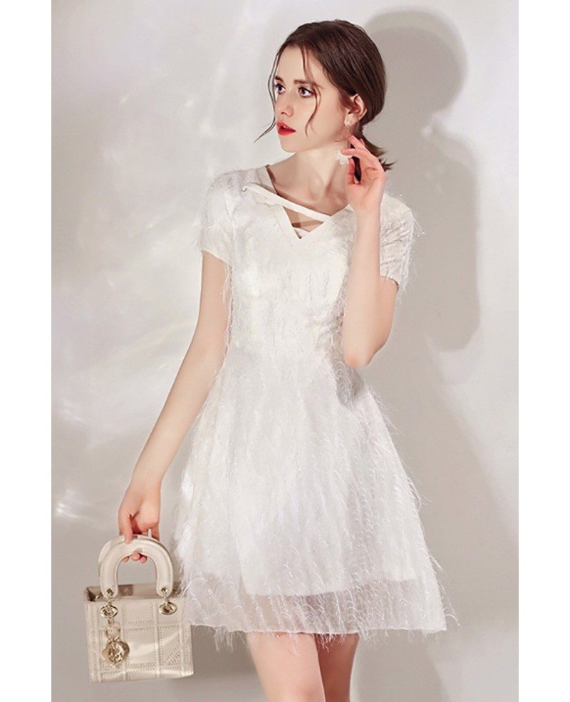 White Lace Sequin Short Dress With Sleeves For Parties #HTX97041 ...