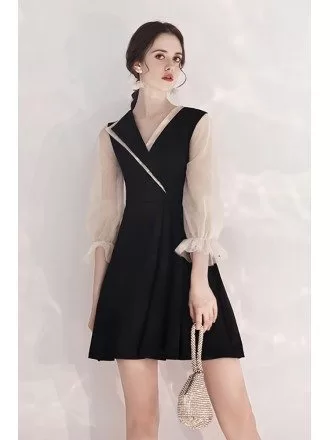Special V-neck Collar Flare Black Party Dress Short With Sleeves