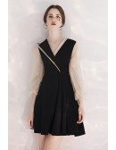 Special V-neck Collar Flare Black Party Dress Short With Sleeves