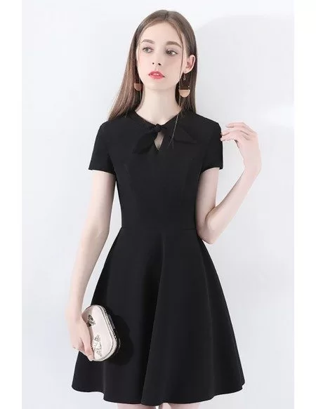 Retro Chic Short Sleeve Little Black Dress With Bow Knot #HTX97005 ...