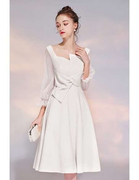 White 3/4 Sleeves Aline Party Dress With Sheer Sleeves