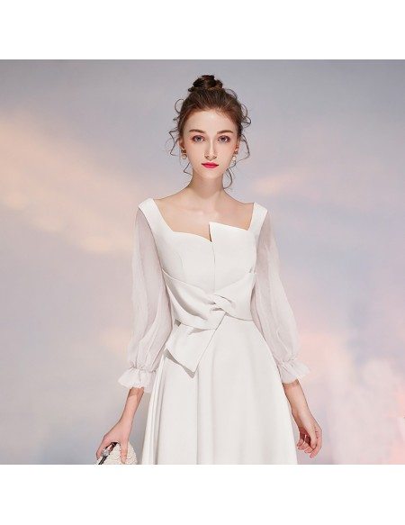 White 3/4 Sleeves Aline Party Dress With Sheer Sleeves