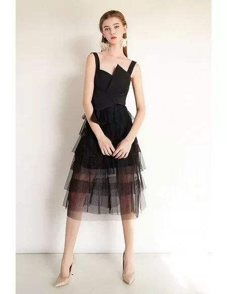 Black Tulle Chic Short Party Dress With Straps
