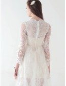 Modest A-Line High Neck Knee-Length Lace Tulle Wedding Dress