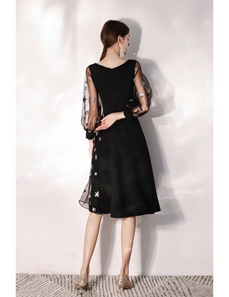 Slim Black Aline Party Dress With Stars Bubble Sleeves