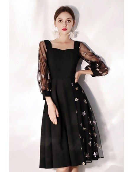 Slim Black Aline Party Dress With Stars Bubble Sleeves