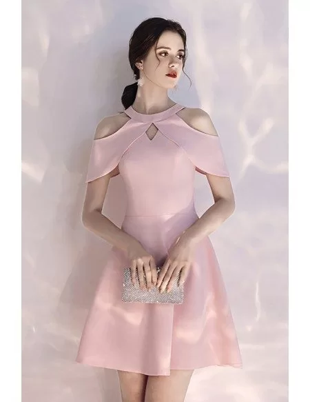 Pretty Pink Short Halter Party Dress Aline Cold Shoulder